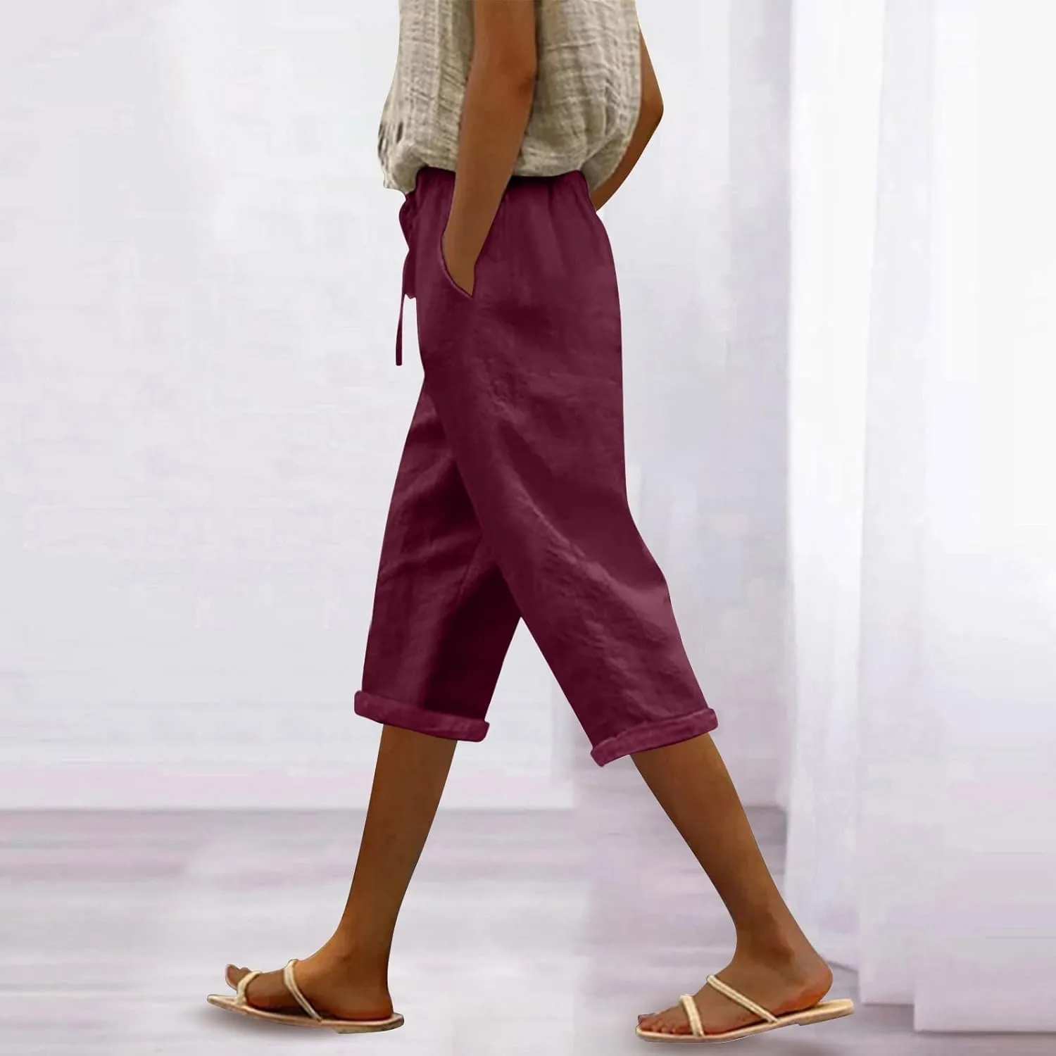 Women Linen Capris Pants Casual 2025 Summer Elastic Waist Linen Pant Straight Wide Leg Cropped Trouser