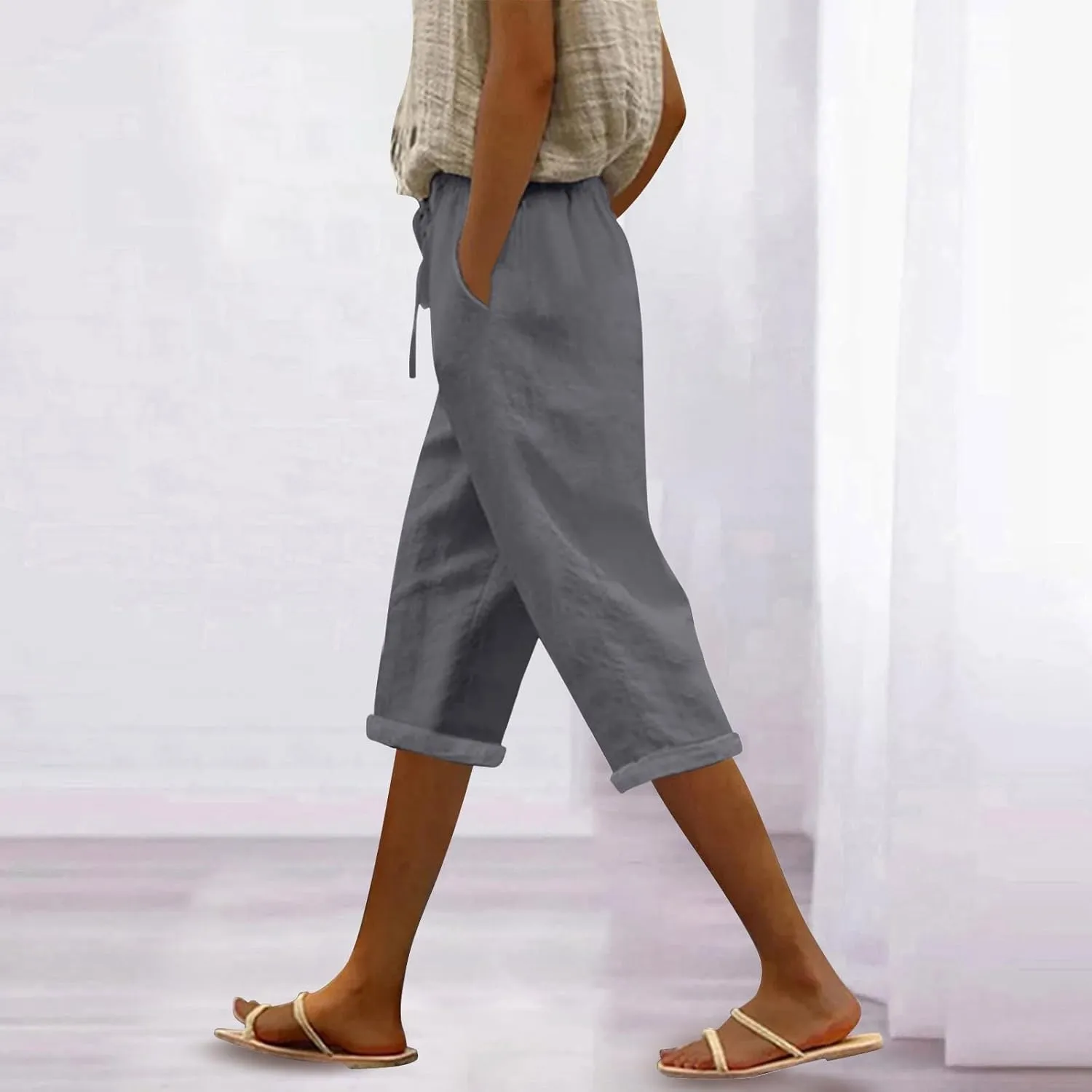Women Linen Capris Pants Casual 2025 Summer Elastic Waist Linen Pant Straight Wide Leg Cropped Trouser