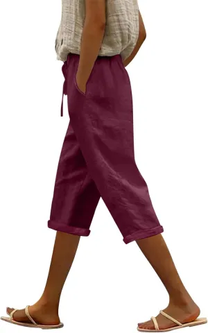 Women Linen Capris Pants Casual 2025 Summer Elastic Waist Linen Pant Straight Wide Leg Cropped Trouser