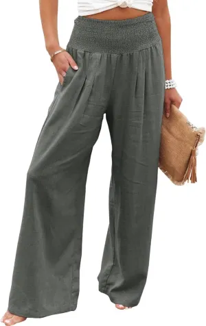 Women Linen Palazzo Pants Summer Bohemian Wide Leg High Waist Trousers Casual Lounge Slacks with Pockets