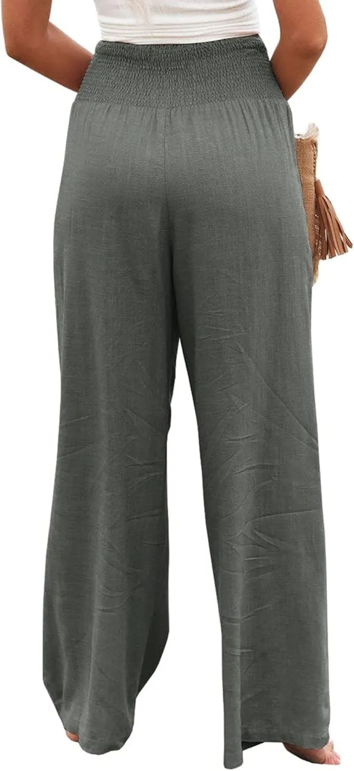 Women Linen Palazzo Pants Summer Bohemian Wide Leg High Waist Trousers Casual Lounge Slacks with Pockets