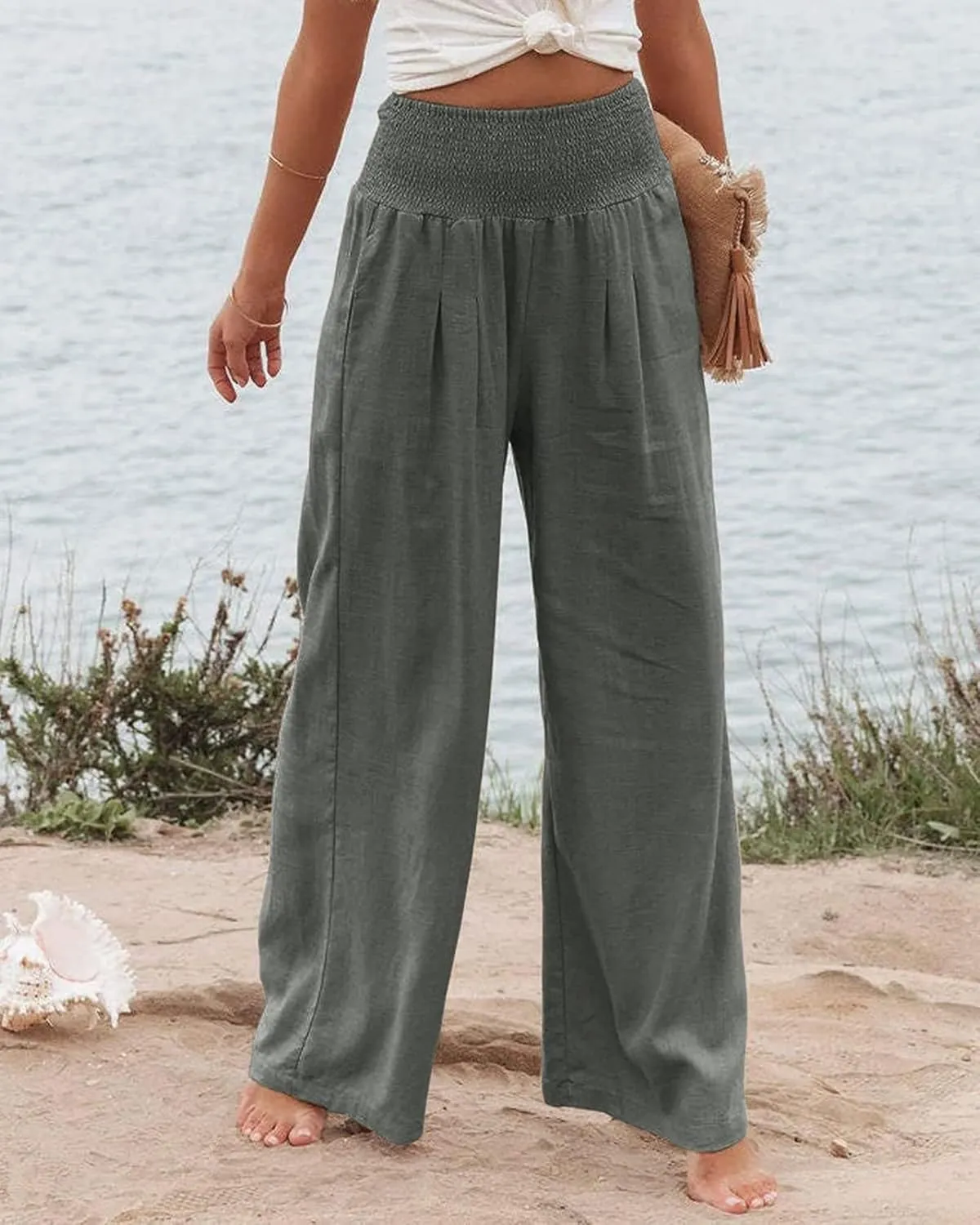 Women Linen Palazzo Pants Summer Bohemian Wide Leg High Waist Trousers Casual Lounge Slacks with Pockets