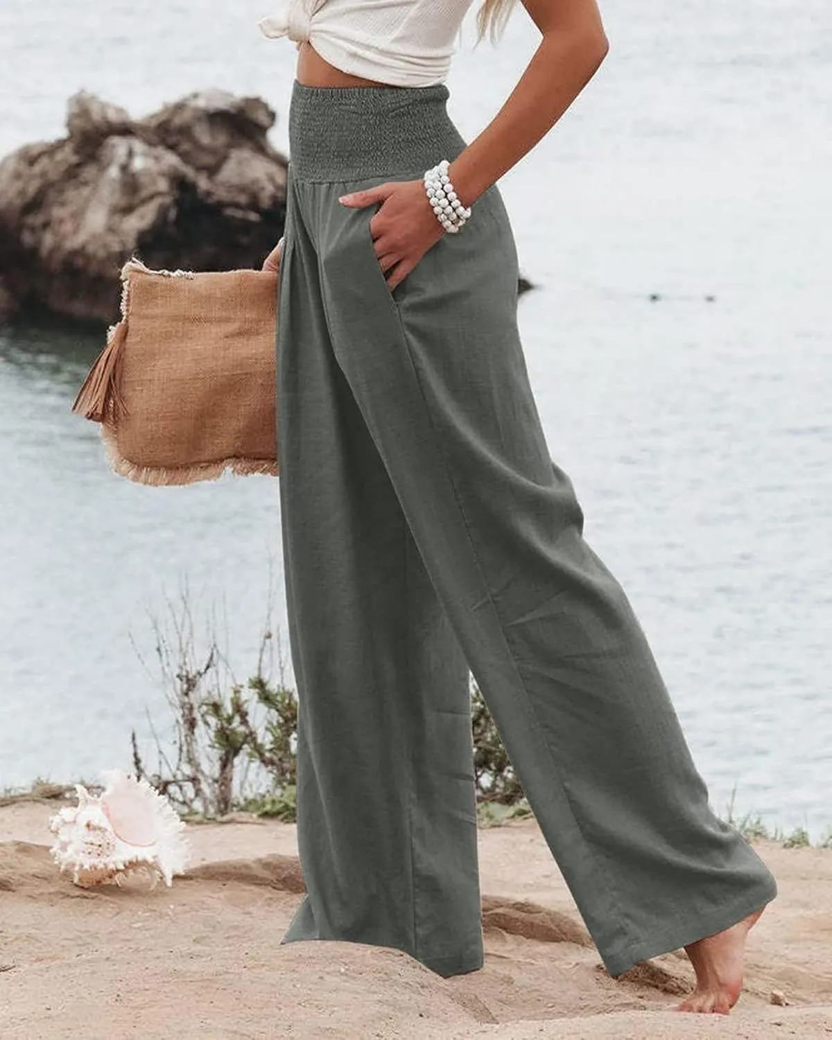 Women Linen Palazzo Pants Summer Bohemian Wide Leg High Waist Trousers Casual Lounge Slacks with Pockets