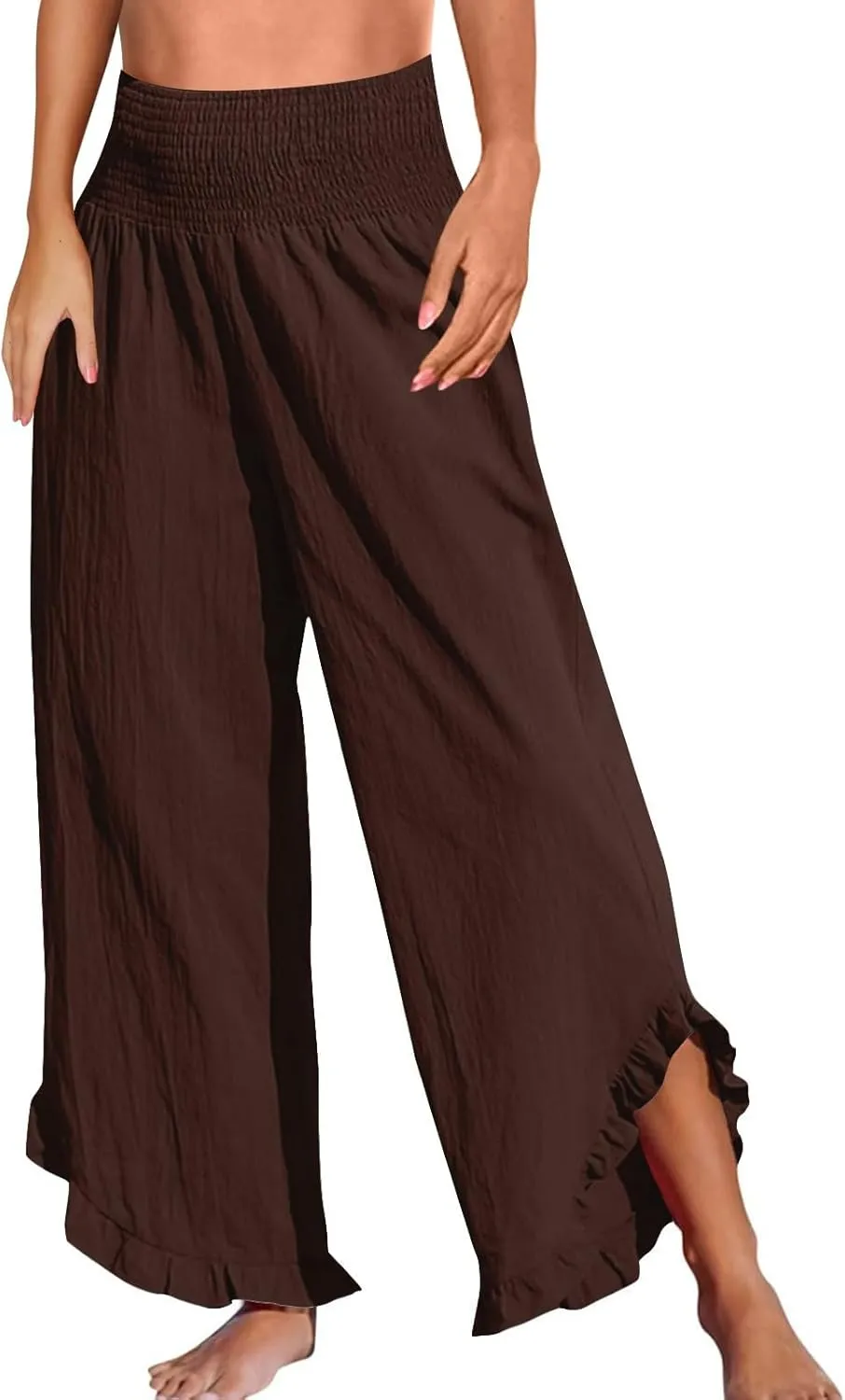 Women Linen Pants Loose Fit Flowy Boho Ruffles Wide Leg Summer Pants Breathable Travel Quick Dry Pant with Pockets
