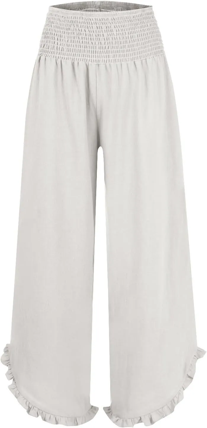 Women Linen Pants Loose Fit Flowy Boho Ruffles Wide Leg Summer Pants Breathable Travel Quick Dry Pant with Pockets