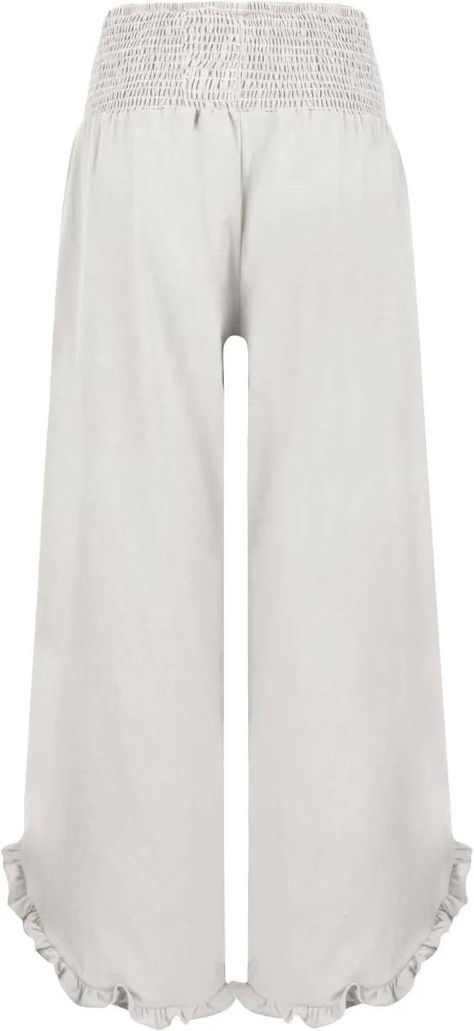 Women Linen Pants Loose Fit Flowy Boho Ruffles Wide Leg Summer Pants Breathable Travel Quick Dry Pant with Pockets