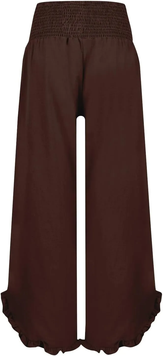 Women Linen Pants Loose Fit Flowy Boho Ruffles Wide Leg Summer Pants Breathable Travel Quick Dry Pant with Pockets