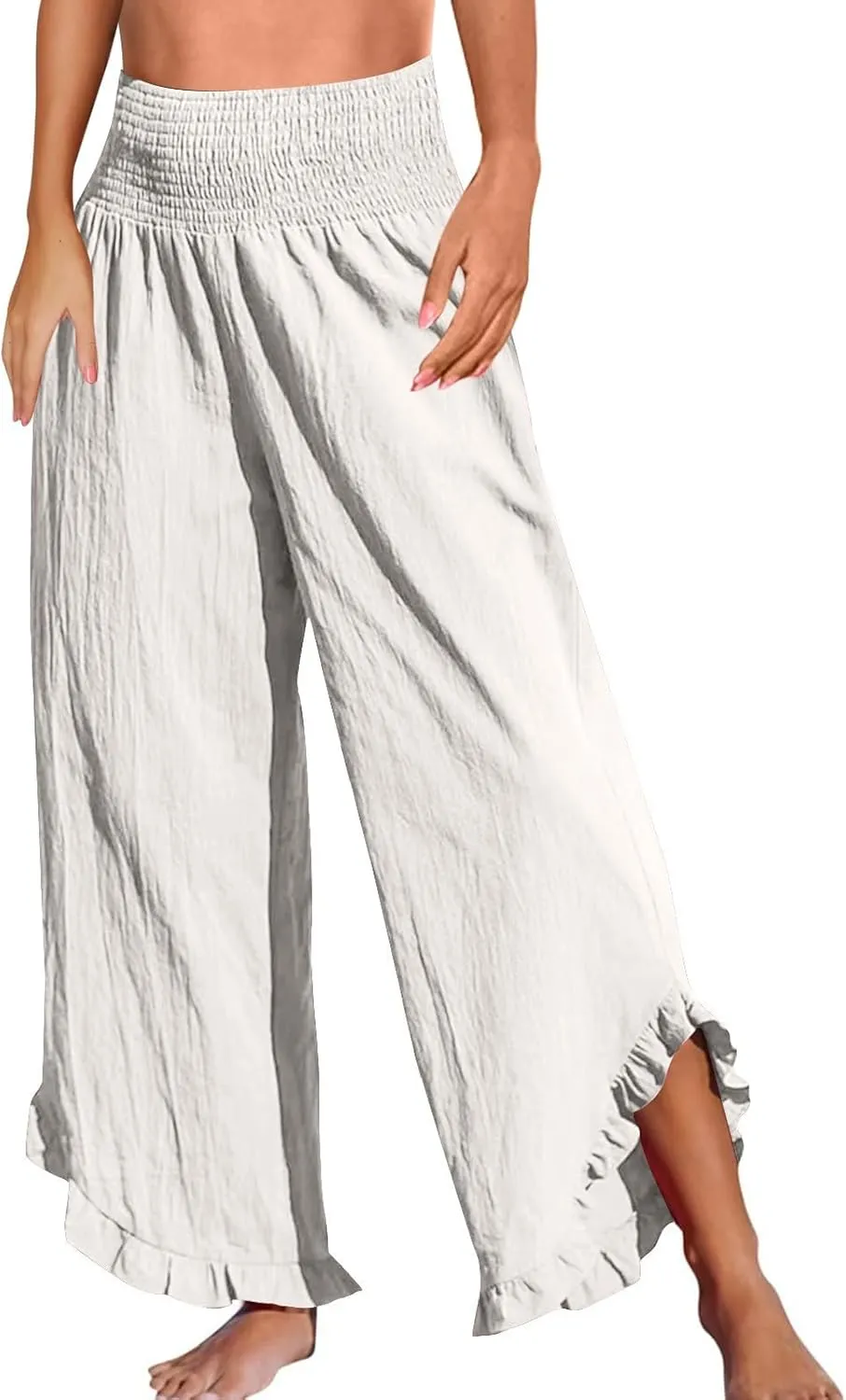 Women Linen Pants Loose Fit Flowy Boho Ruffles Wide Leg Summer Pants Breathable Travel Quick Dry Pant with Pockets