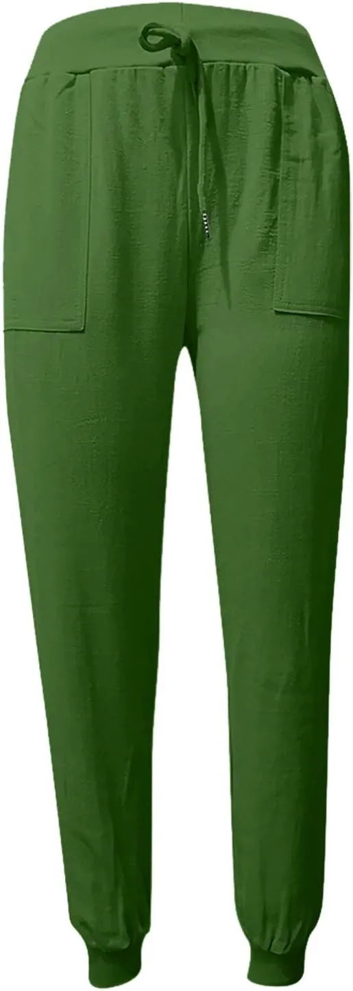 Women Linen Pants Summer Wide Leg Pants Lightweight Casual Palazzo Trouser with Pockets Baggy Solid Color Trousers
