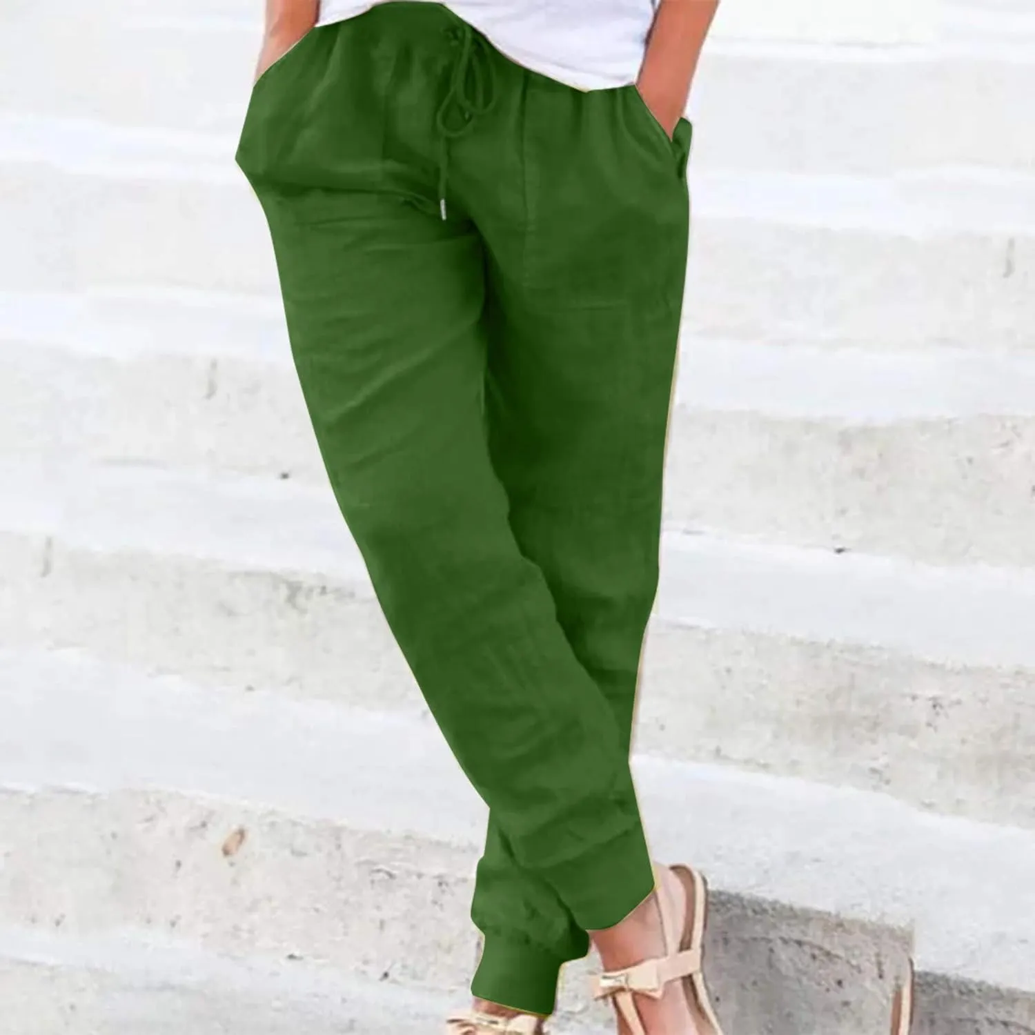 Women Linen Pants Summer Wide Leg Pants Lightweight Casual Palazzo Trouser with Pockets Baggy Solid Color Trousers
