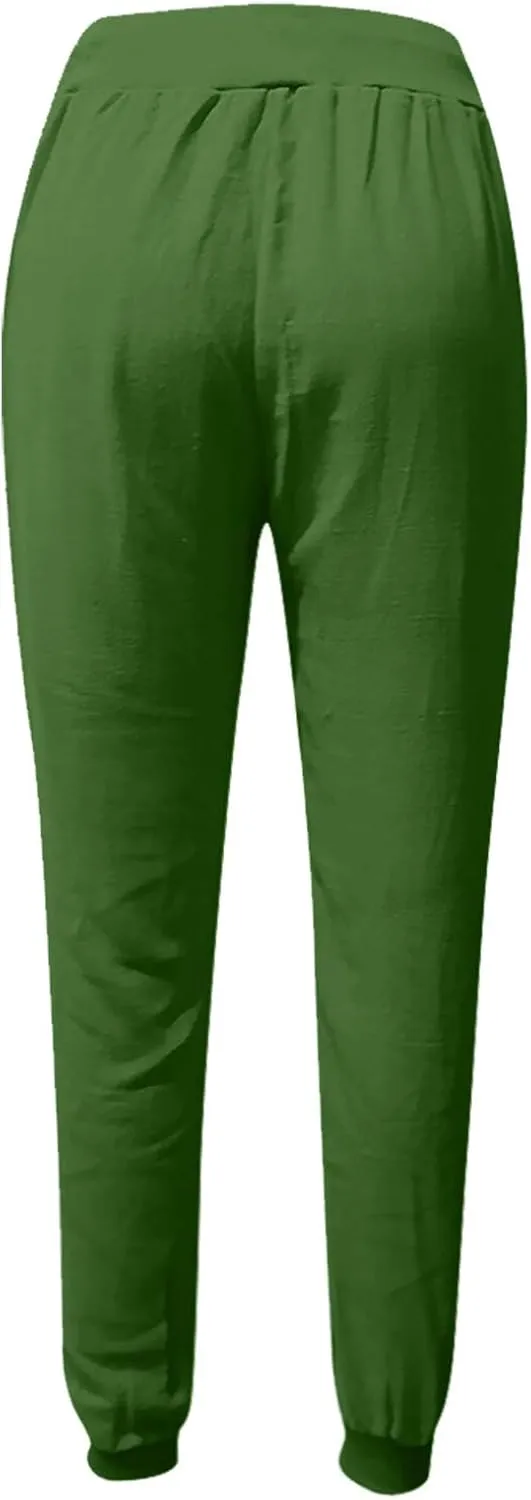 Women Linen Pants Summer Wide Leg Pants Lightweight Casual Palazzo Trouser with Pockets Baggy Solid Color Trousers