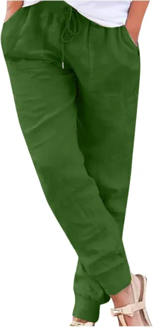 Women Linen Pants Summer Wide Leg Pants Lightweight Casual Palazzo Trouser with Pockets Baggy Solid Color Trousers