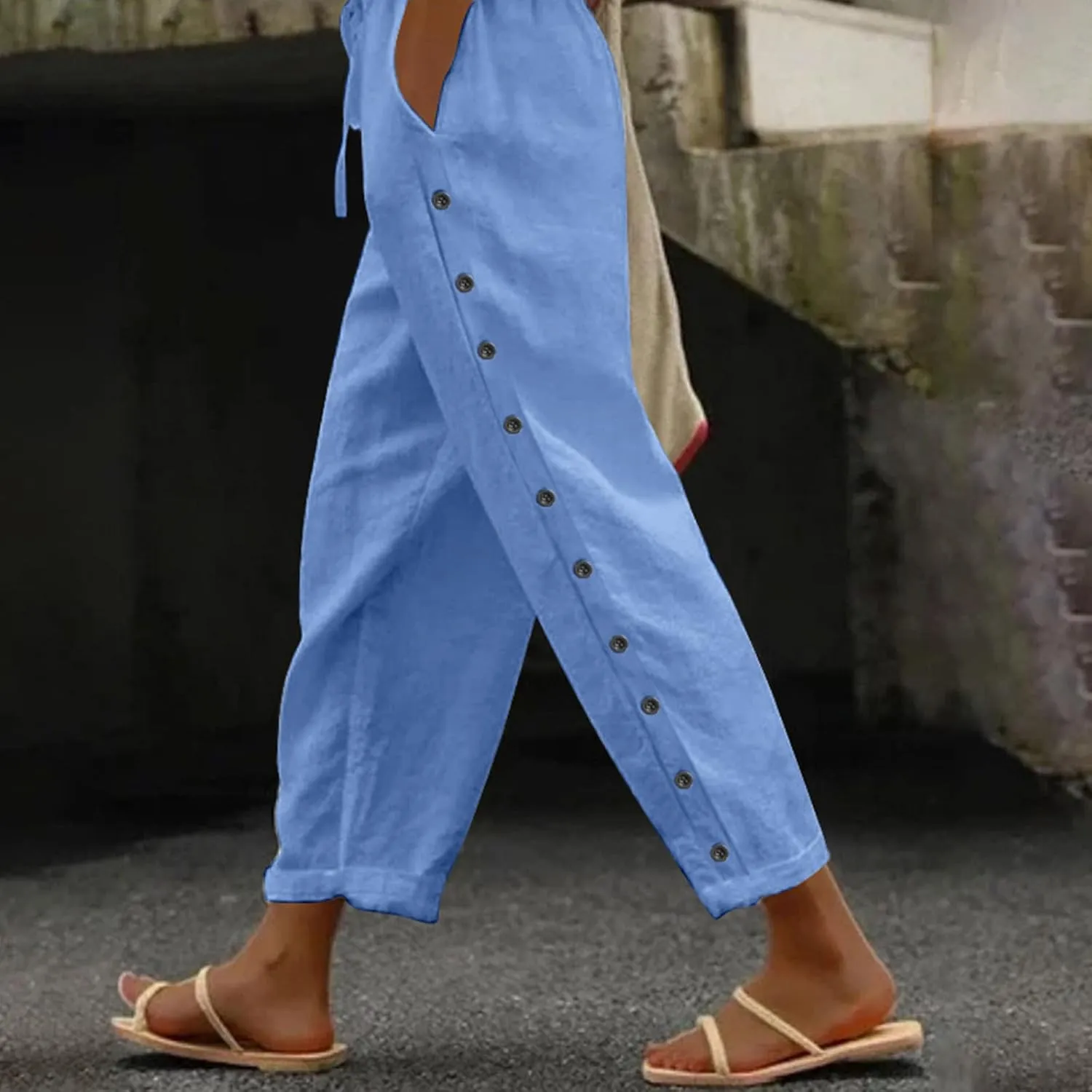 Women Linen Summer Striped Palazzo Pants High Waist Ankle Length Slim Fit Palazzo Pants Beach