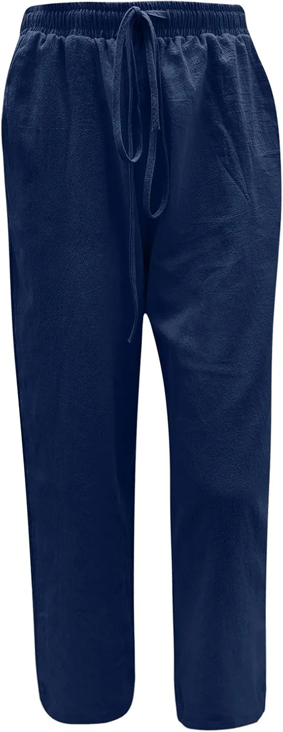 Women Long Linen Pants Casual Loose High Waist Drawstring Wide Leg Palazzo Pants Trousers with Pockets Baggy Slacks