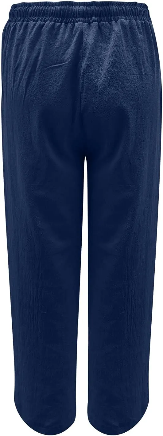 Women Long Linen Pants Casual Loose High Waist Drawstring Wide Leg Palazzo Pants Trousers with Pockets Baggy Slacks