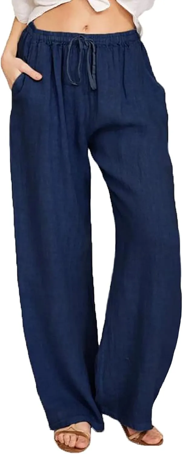 Women Long Linen Pants Casual Loose High Waist Drawstring Wide Leg Palazzo Pants Trousers with Pockets Baggy Slacks