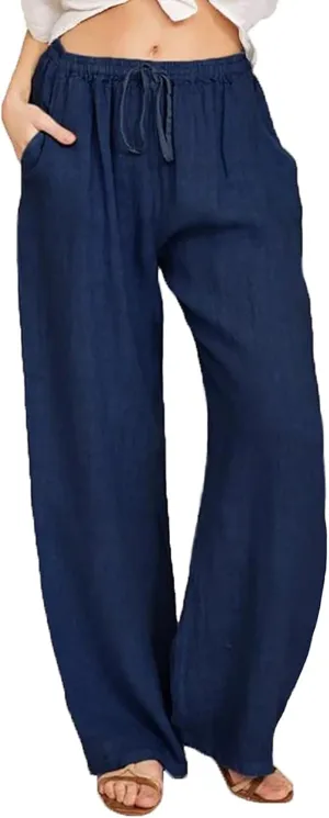 Women Long Linen Pants Casual Loose High Waist Drawstring Wide Leg Palazzo Pants Trousers with Pockets Baggy Slacks