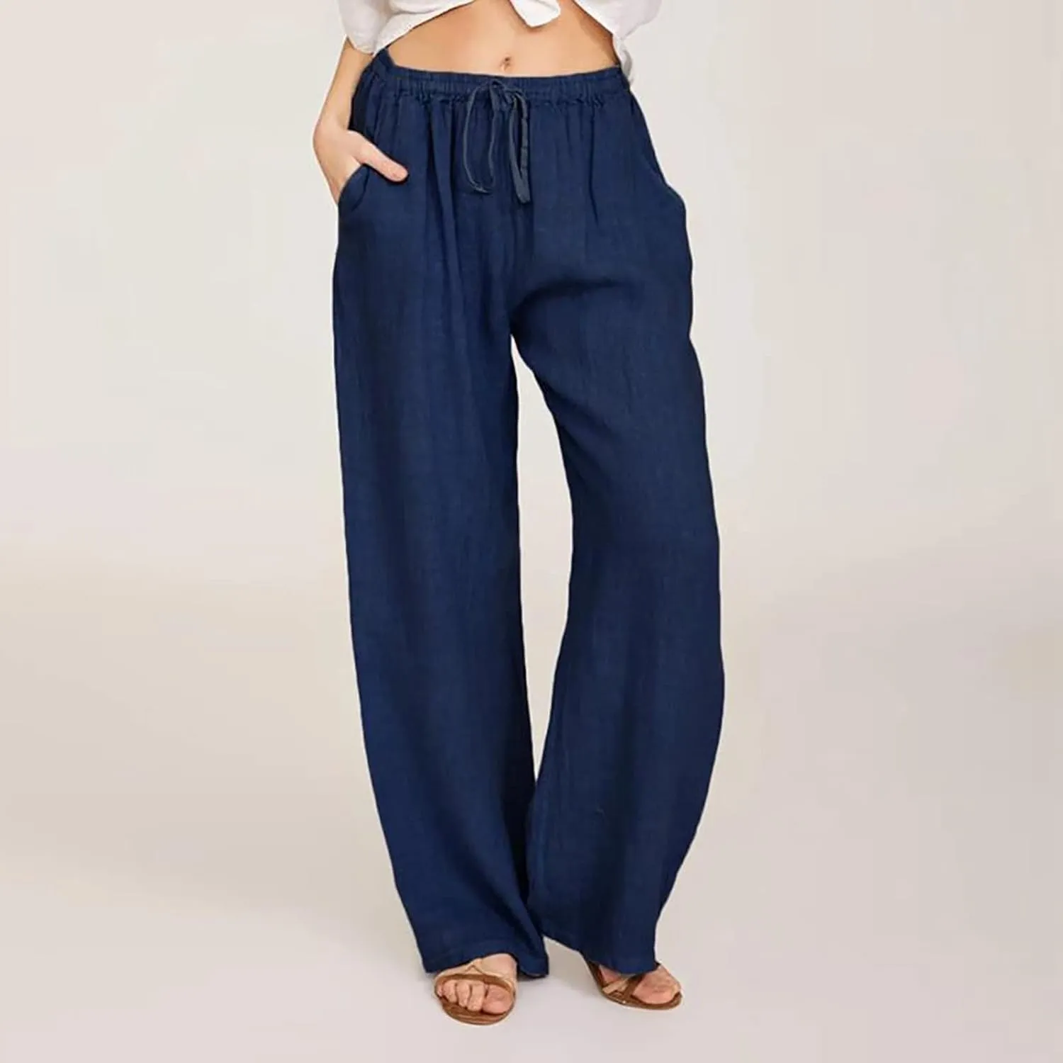 Women Long Linen Pants Casual Loose High Waist Drawstring Wide Leg Palazzo Pants Trousers with Pockets Baggy Slacks