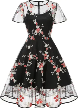 Women Mesh Floral Embroidery Vintage Cocktail Swing Dress Illusion 50s Goth Flared A line Casual Wedding Prom Evening Dress