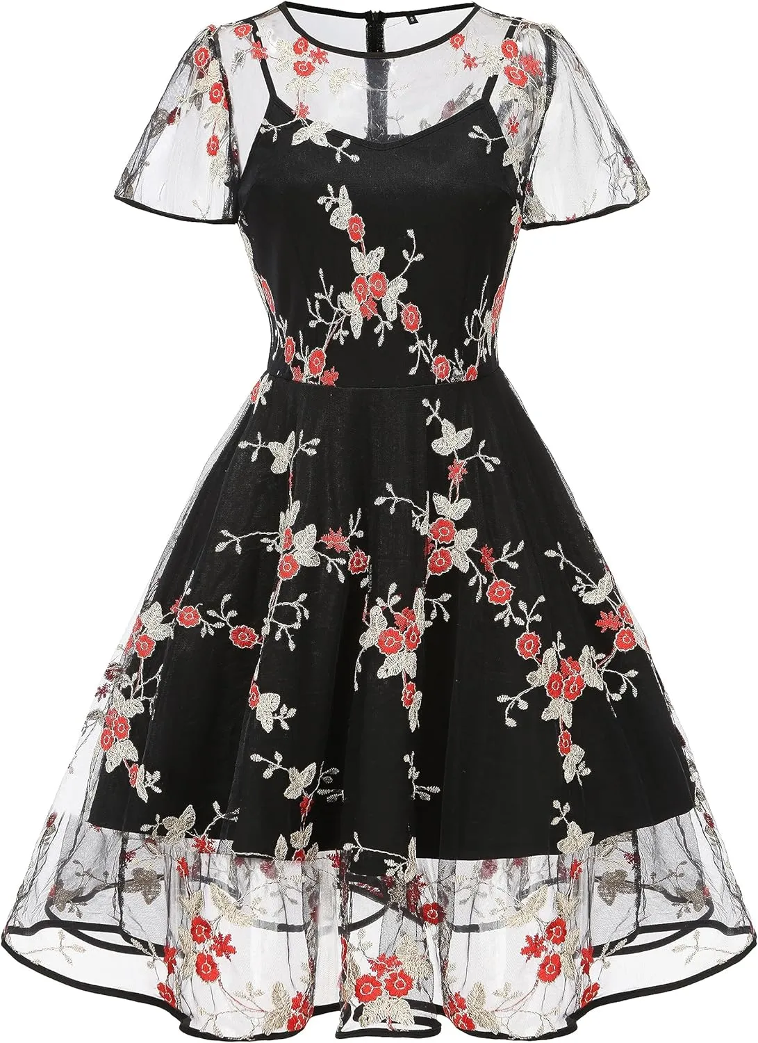 Women Mesh Floral Embroidery Vintage Cocktail Swing Dress Illusion 50s Goth Flared A line Casual Wedding Prom Evening Dress