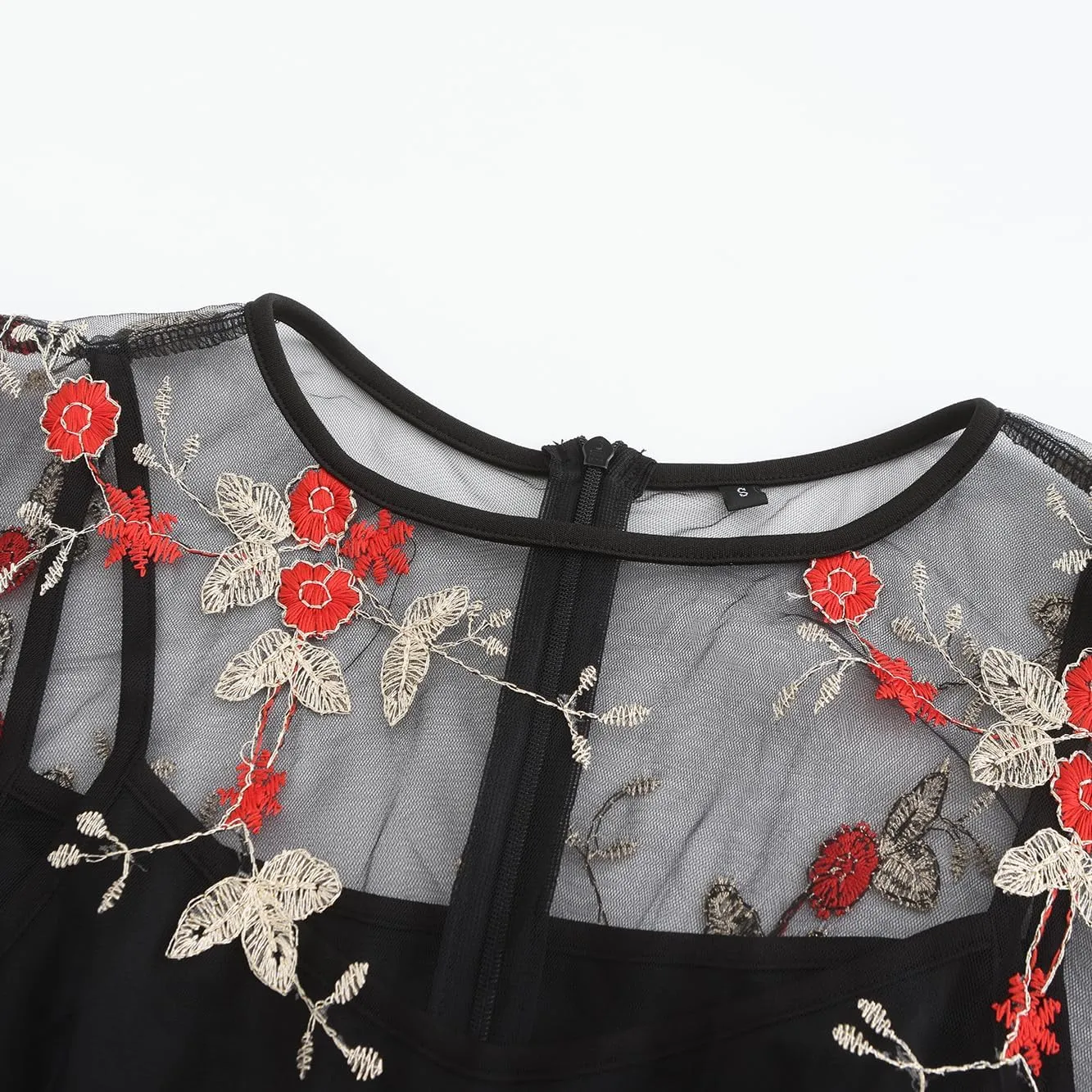 Women Mesh Floral Embroidery Vintage Cocktail Swing Dress Illusion 50s Goth Flared A line Casual Wedding Prom Evening Dress