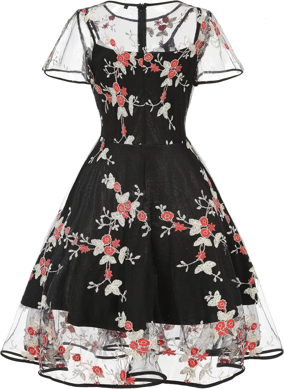 Women Mesh Floral Embroidery Vintage Cocktail Swing Dress Illusion 50s Goth Flared A line Casual Wedding Prom Evening Dress