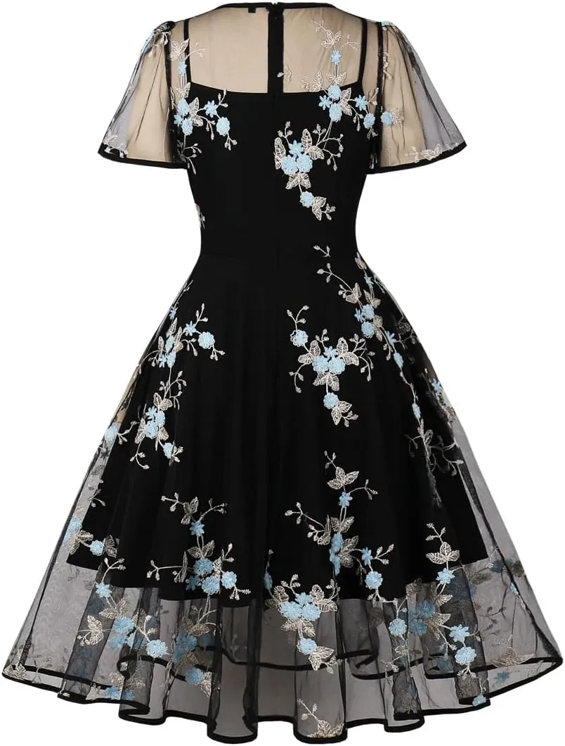 Women Mesh Floral Embroidery Vintage Cocktail Swing Dress Illusion 50s Goth Flared A line Casual Wedding Prom Evening Dress