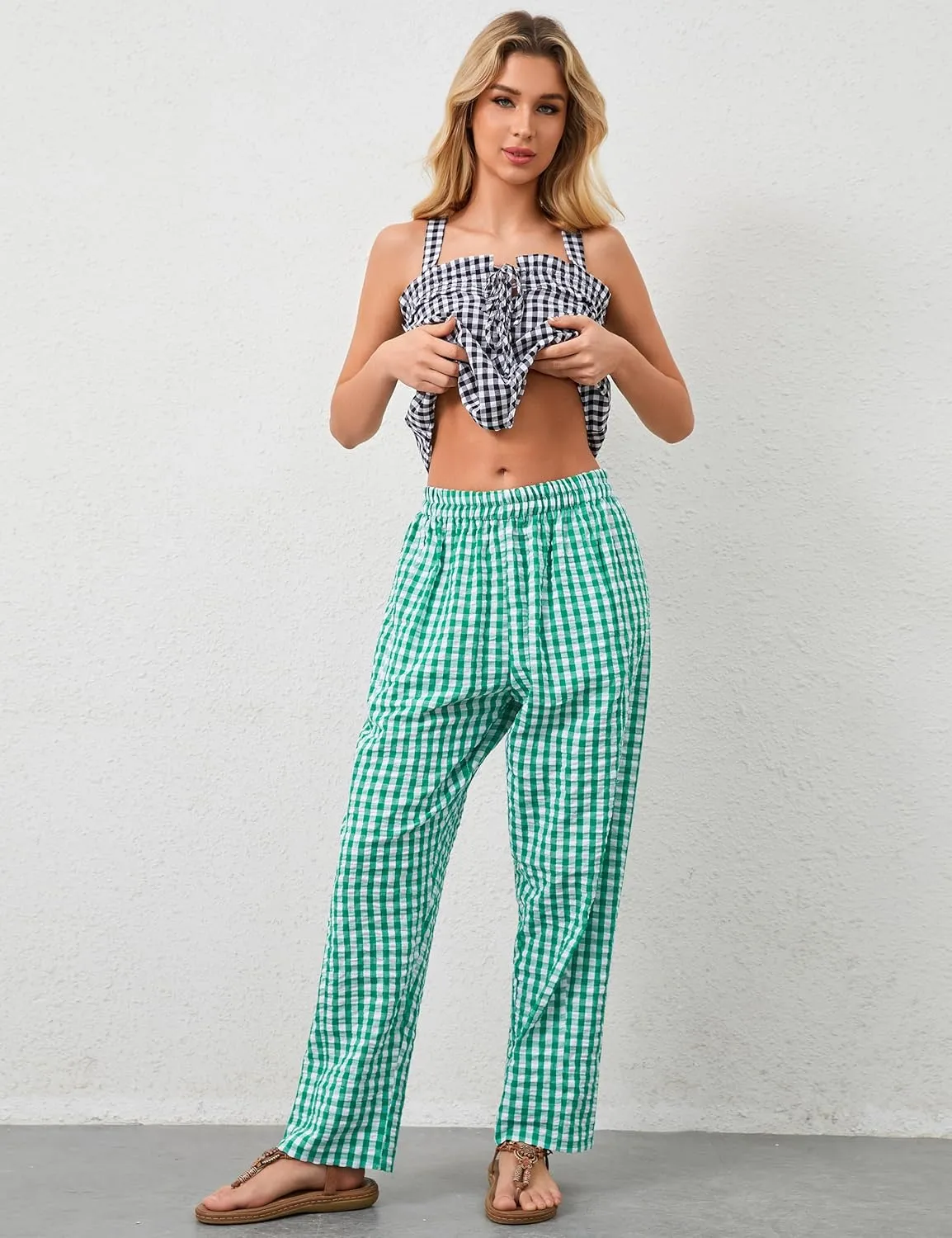 Women Plaid Wide Leg Pants Low Waist Gingham Print Lounge Long Tunic Pants Y2K Pajama Lounge Trousers with Pockets
