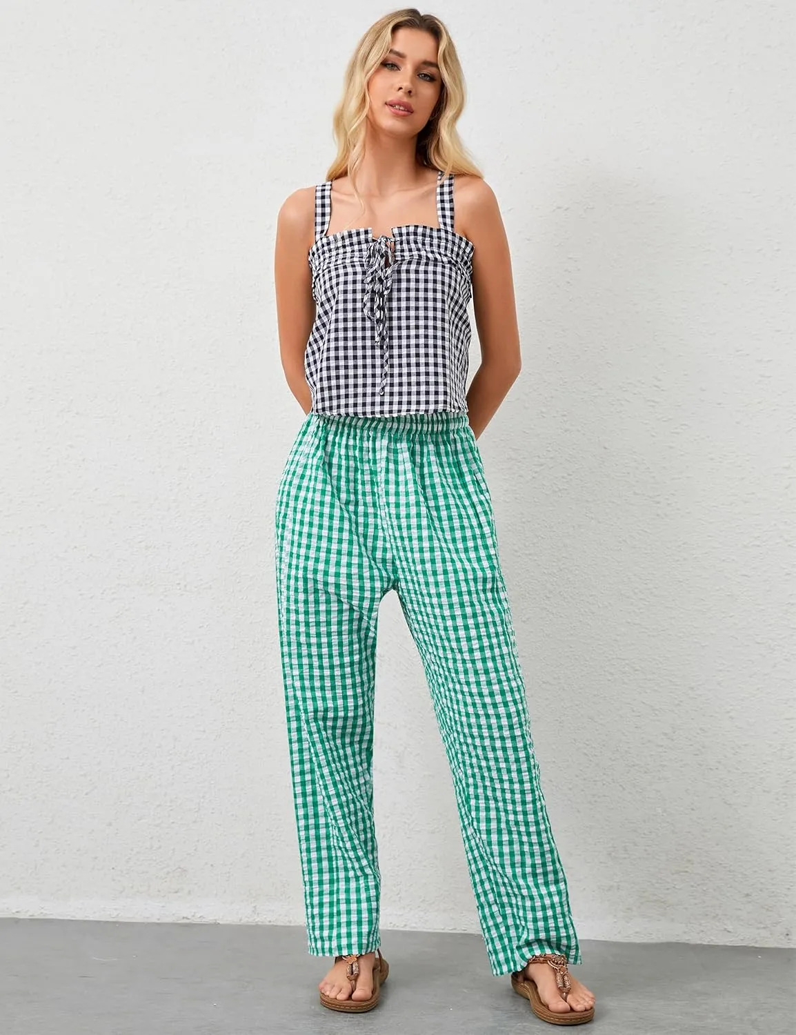 Women Plaid Wide Leg Pants Low Waist Gingham Print Lounge Long Tunic Pants Y2K Pajama Lounge Trousers with Pockets