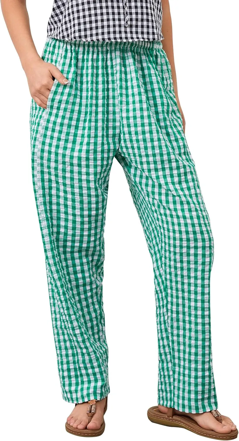 Women Plaid Wide Leg Pants Low Waist Gingham Print Lounge Long Tunic Pants Y2K Pajama Lounge Trousers with Pockets