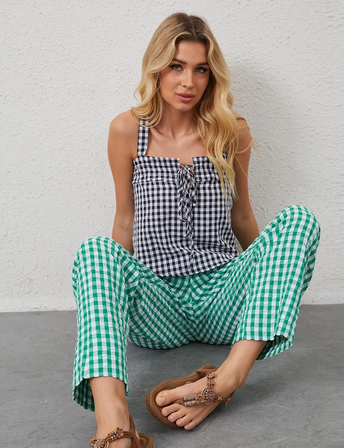 Women Plaid Wide Leg Pants Low Waist Gingham Print Lounge Long Tunic Pants Y2K Pajama Lounge Trousers with Pockets