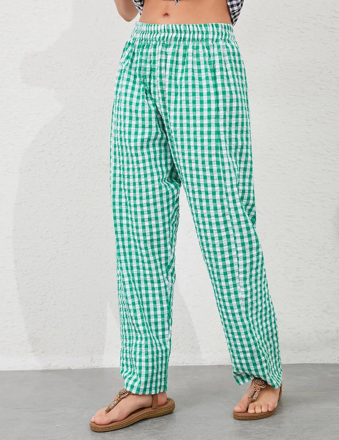 Women Plaid Wide Leg Pants Low Waist Gingham Print Lounge Long Tunic Pants Y2K Pajama Lounge Trousers with Pockets