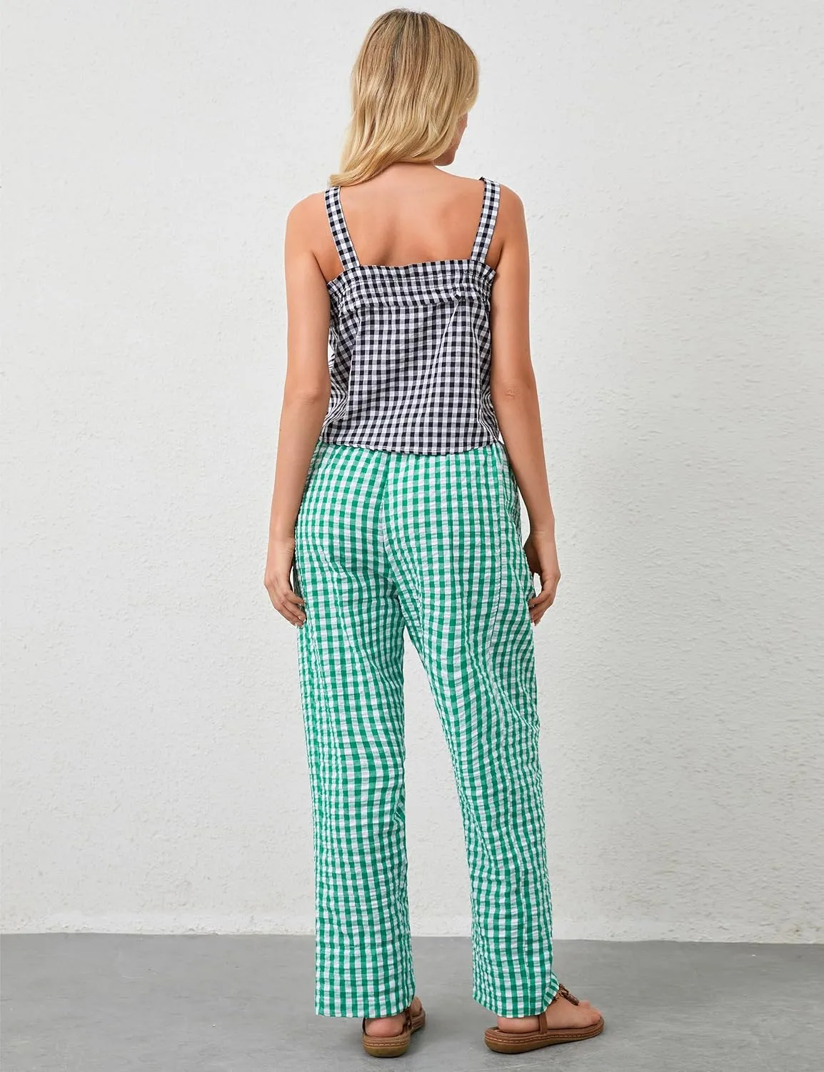 Women Plaid Wide Leg Pants Low Waist Gingham Print Lounge Long Tunic Pants Y2K Pajama Lounge Trousers with Pockets