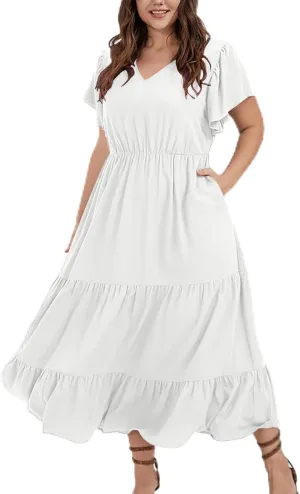 Women Plus Size Summer Midi Dress Tiered Casual Short Sleeve V Neck Loose Swing Dresses with Ruffle Sleeve and Pocket