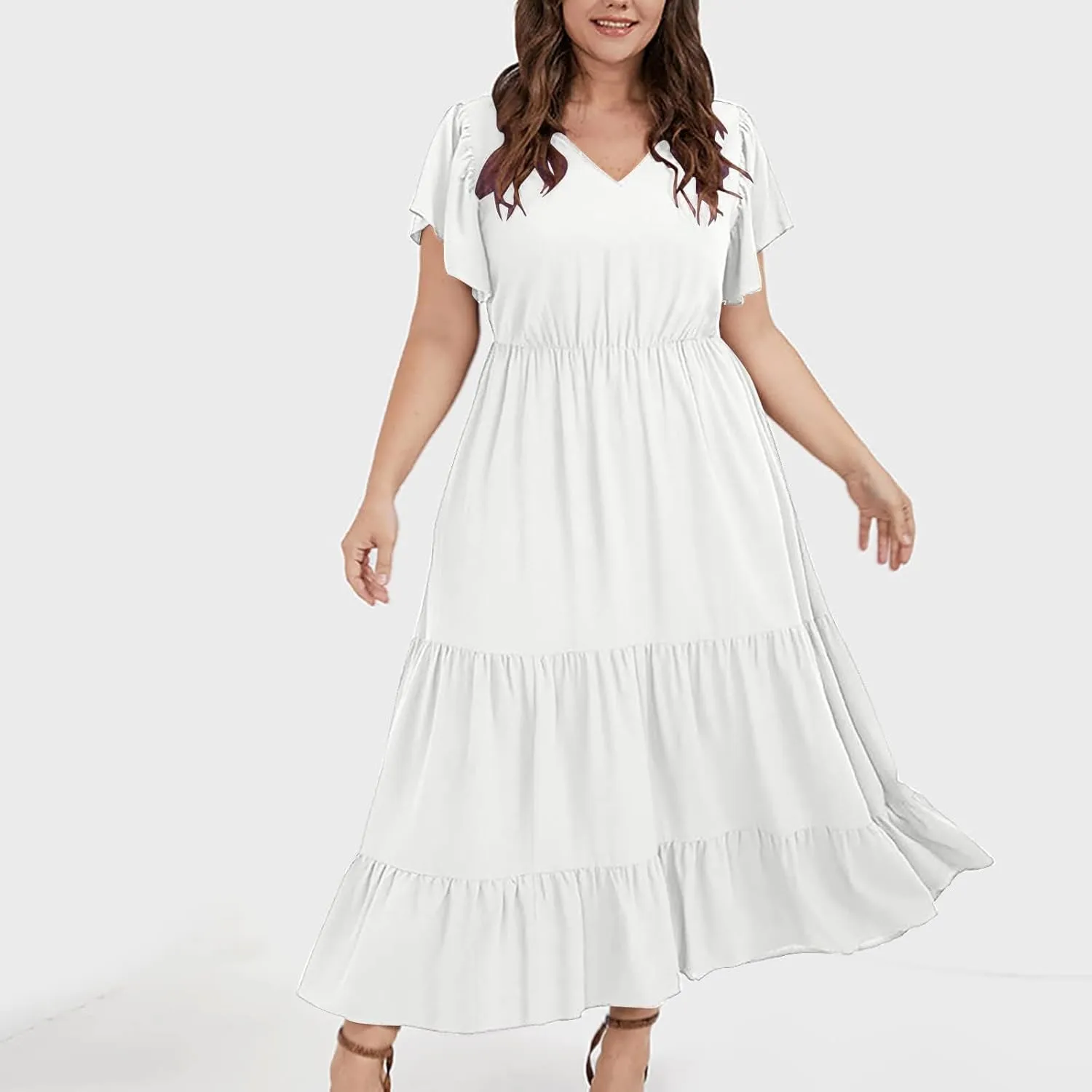 Women Plus Size Summer Midi Dress Tiered Casual Short Sleeve V Neck Loose Swing Dresses with Ruffle Sleeve and Pocket