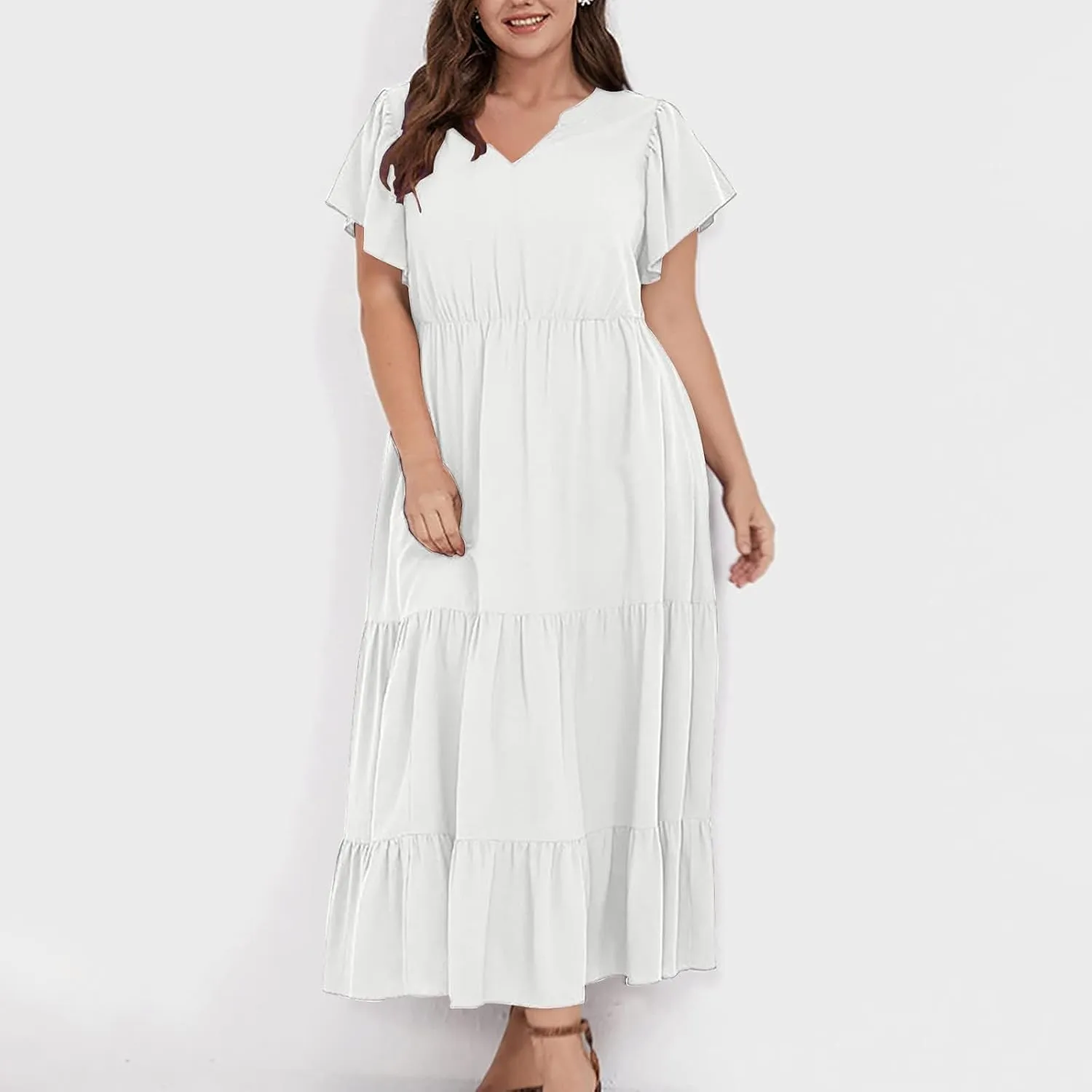 Women Plus Size Summer Midi Dress Tiered Casual Short Sleeve V Neck Loose Swing Dresses with Ruffle Sleeve and Pocket