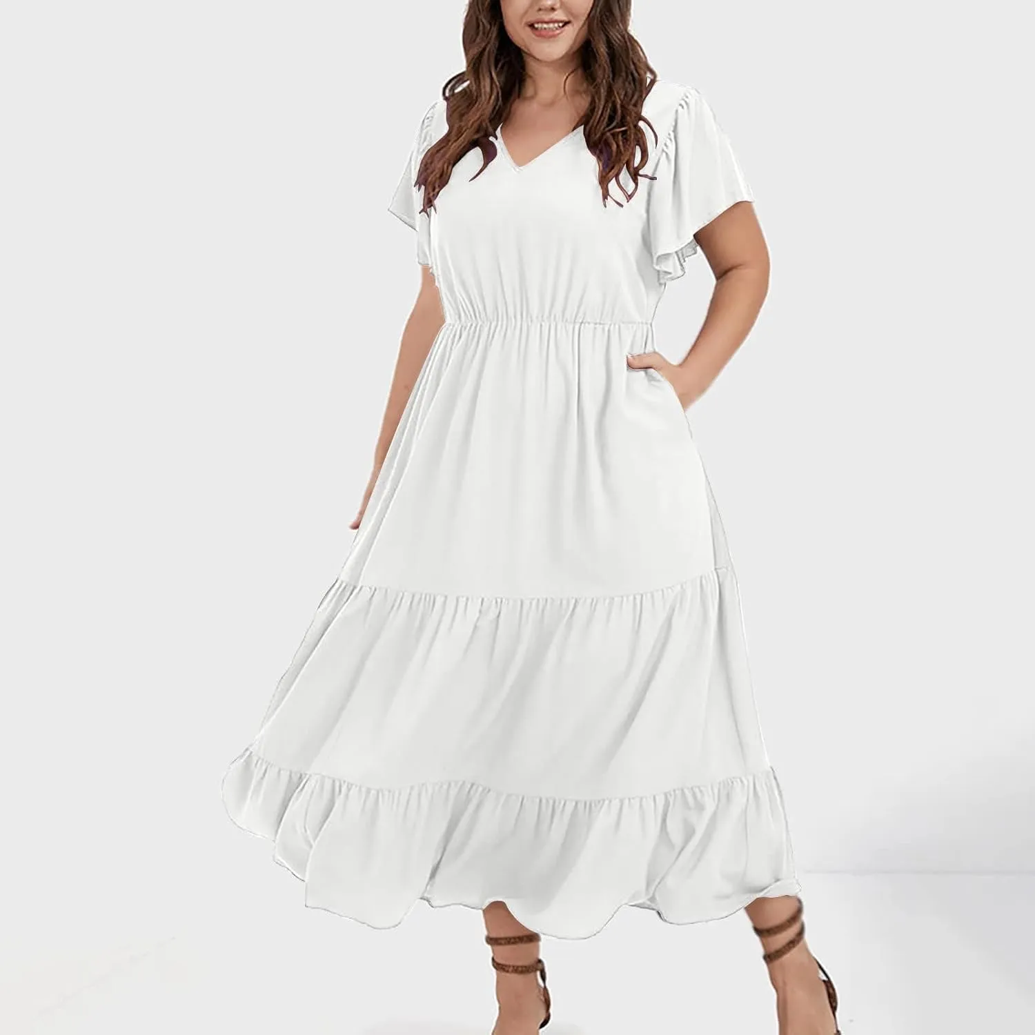 Women Plus Size Summer Midi Dress Tiered Casual Short Sleeve V Neck Loose Swing Dresses with Ruffle Sleeve and Pocket