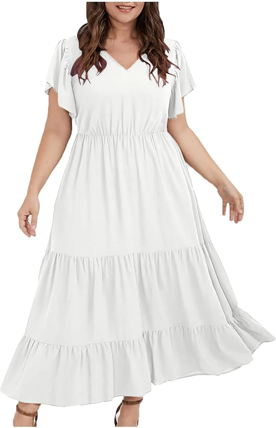 Women Plus Size Summer Midi Dress Tiered Casual Short Sleeve V Neck Loose Swing Dresses with Ruffle Sleeve and Pocket