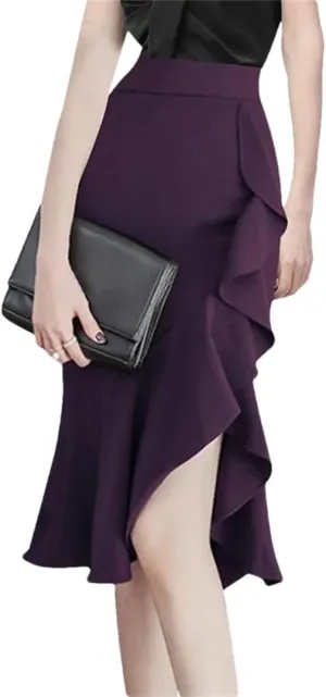 Women Ruffle Midi Skirt High Waist Asymmetrial Slit Sexy Skinny Laides One Step Pencil Skirts