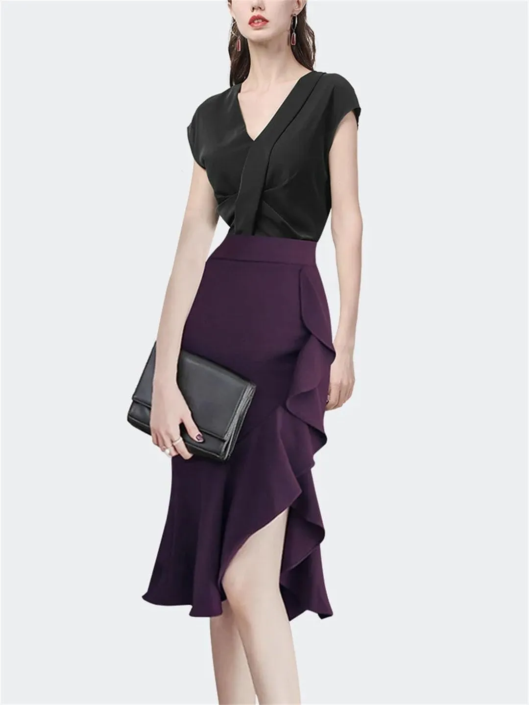 Women Ruffle Midi Skirt High Waist Asymmetrial Slit Sexy Skinny Laides One Step Pencil Skirts