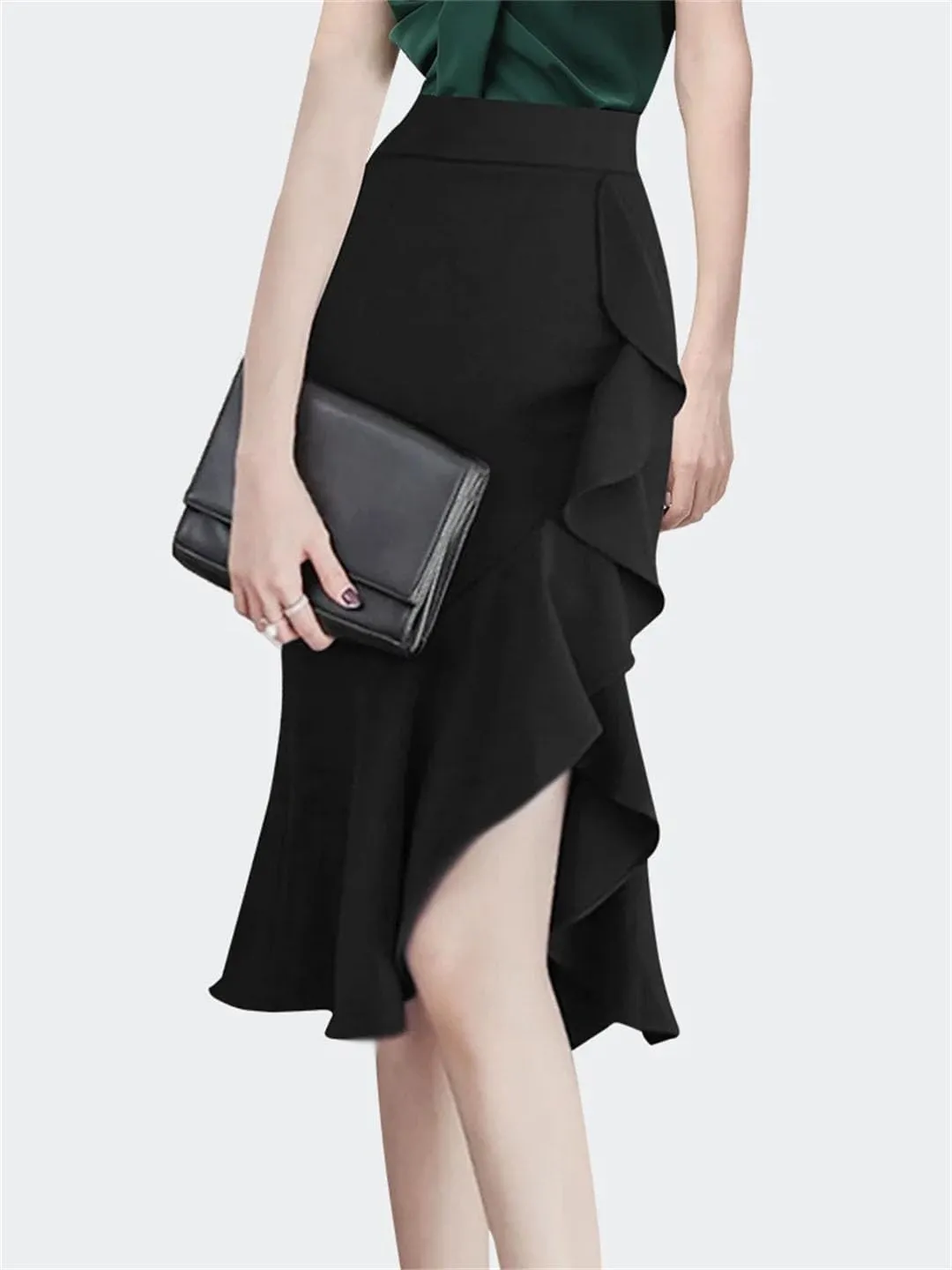 Women Ruffle Midi Skirt High Waist Asymmetrial Slit Sexy Skinny Laides One Step Pencil Skirts