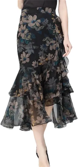 Women Ruffle Midi Skirt High Waist Asymmetrial Slit Sexy Skinny Laides One Step Pencil Skirts
