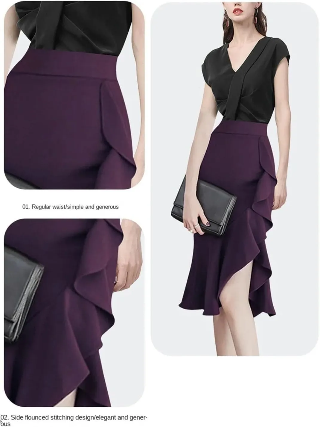 Women Ruffle Midi Skirt High Waist Asymmetrial Slit Sexy Skinny Laides One Step Pencil Skirts