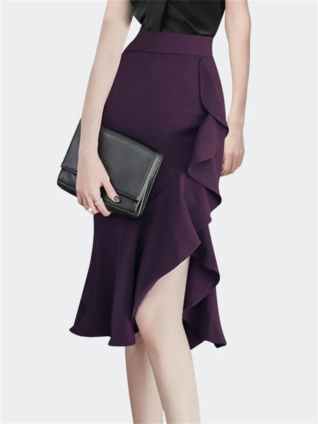 Women Ruffle Midi Skirt High Waist Asymmetrial Slit Sexy Skinny Laides One Step Pencil Skirts