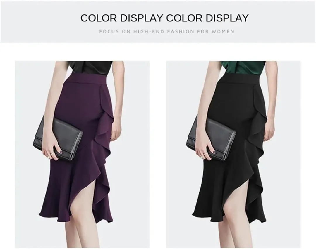 Women Ruffle Midi Skirt High Waist Asymmetrial Slit Sexy Skinny Laides One Step Pencil Skirts