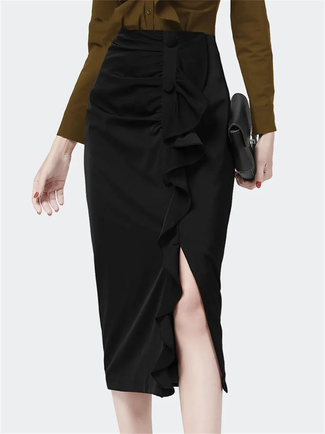 Women Sexy Ruffles Pencil Skirt Mid-Length Solid Color High Waist Slimming Midi Skirts