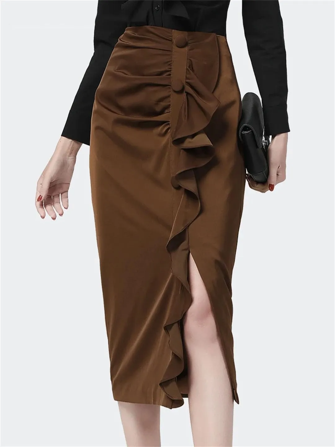 Women Sexy Ruffles Pencil Skirt Mid-Length Solid Color High Waist Slimming Midi Skirts