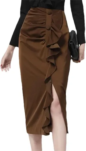 Women Sexy Ruffles Pencil Skirt Mid-Length Solid Color High Waist Slimming Midi Skirts