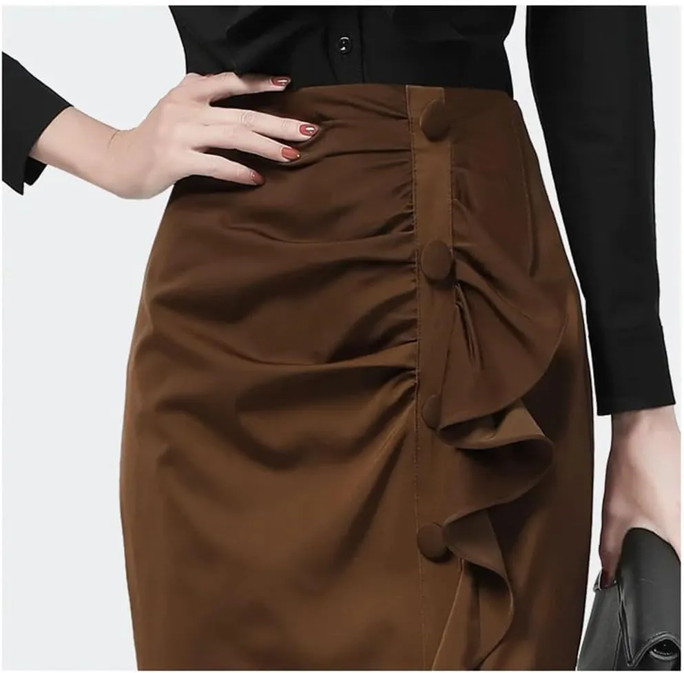 Women Sexy Ruffles Pencil Skirt Mid-Length Solid Color High Waist Slimming Midi Skirts