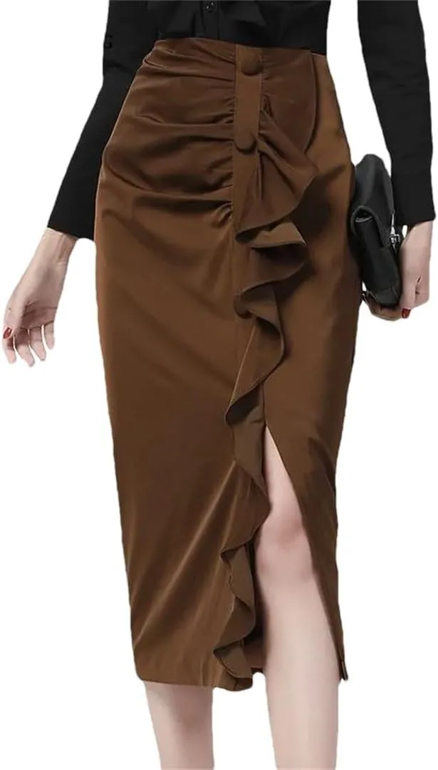 Women Sexy Ruffles Pencil Skirt Mid-Length Solid Color High Waist Slimming Midi Skirts
